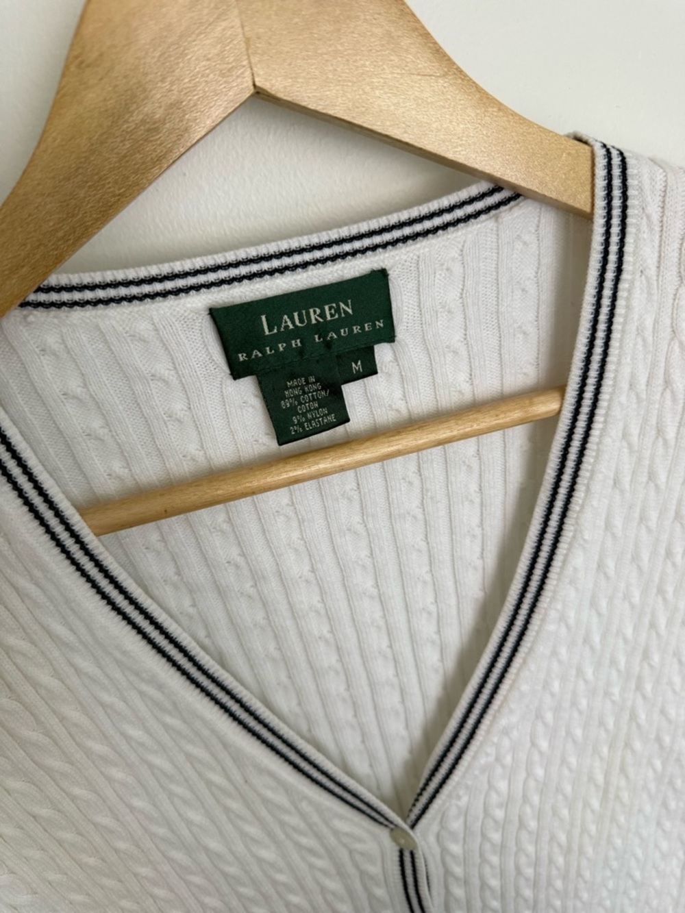Vintage Lauren Ralph Lauren - Cable Knit Cardigan - Cream with Navy Trim - Picture 4 of 11